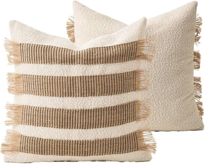 MOCOFO Handwoven Jute Cotton Striped Pillow Covers, Wabi Sabi Boho Farmhouse Decorative Throw Cus... | Amazon (US)