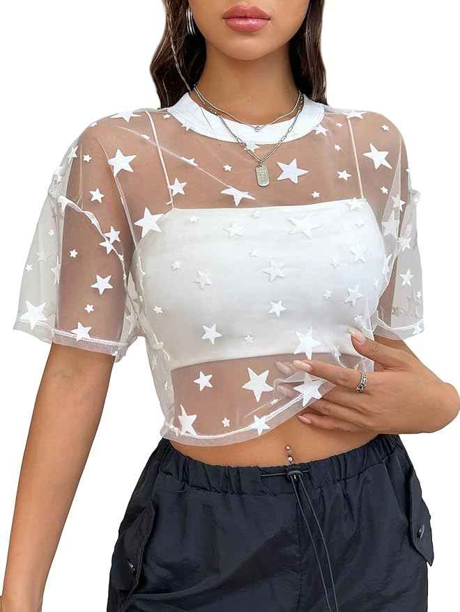 SweatyRocks Women's Sexy Sheer Mesh Fishnet Net Short Sleeve T-Shirt Crop Top | Amazon (US)