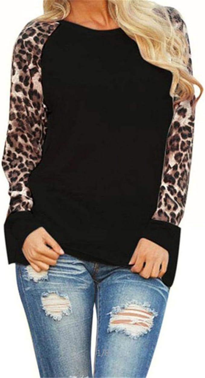 Gugio Women?s Long Sleeve Leopard Print Patchwork T-Shirt Blouse Tops | Amazon (US)