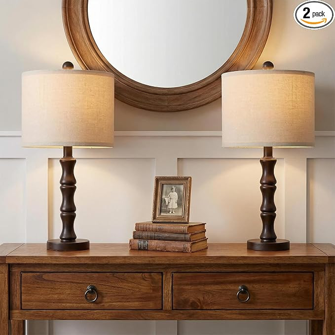 BOBOMOMO 20.5" Classic Table Lamps Set of 2, Farmhouse Nightstand Lamps with Dark Wood Grain Resi... | Amazon (US)