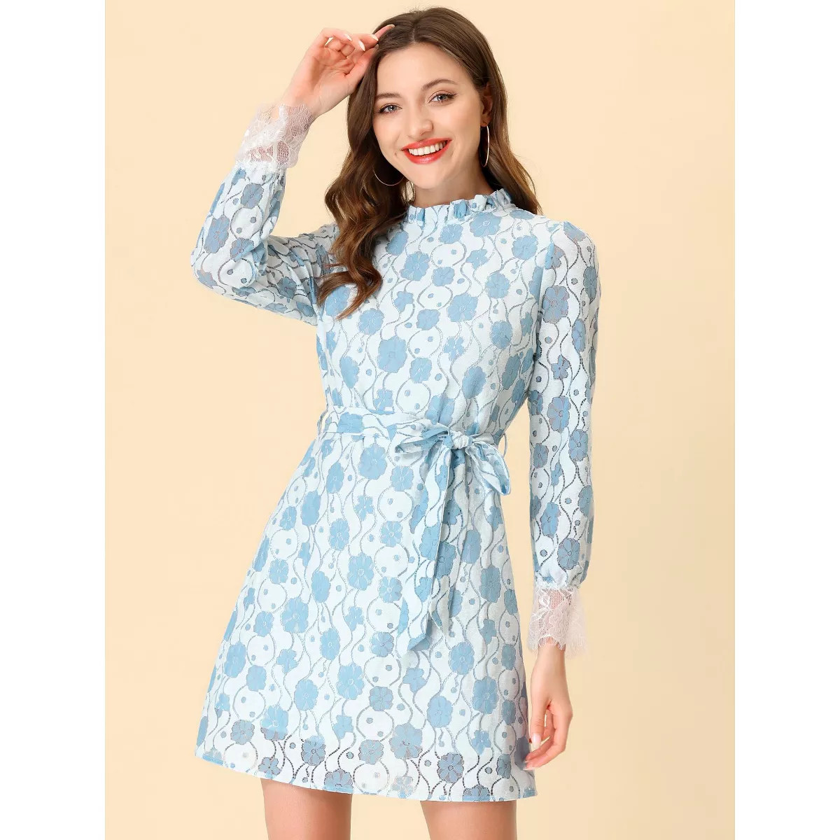 Allegra K Women's Elegant Ruffle Crew Neck Formal Elegant Mini Floral Lace Dress | Target