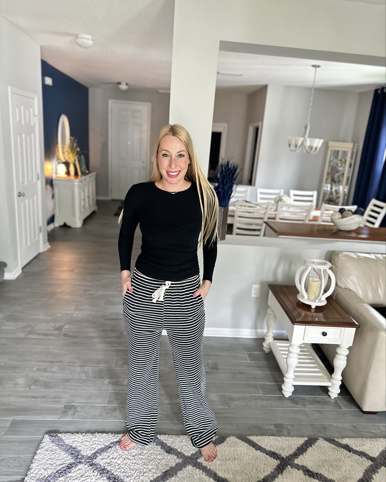 Striped lounge pants 
🤍🤍 so comfortable and so stretchy
🤍 plus they come in tall girl sizes 
🤍 wearing size small and length 32"

#LTKHome #LTKStyleTip #LTKFindsUnder50
