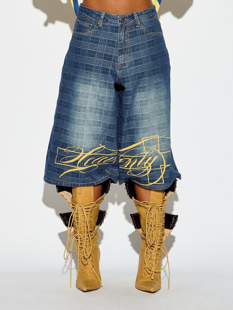 SUMWON WOMEN Heavenly Only Wide Leg Denim Jorts Below Knee Plaid Wash Graphic Logo Print Baggy Sh... | SHEIN