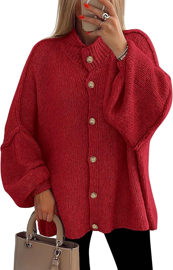 PRETTYGARDEN Women's Winter Button Down Cardigan Sweaters Mock Neck Lantern Long Sleeve Chunky Kn... | Amazon (US)