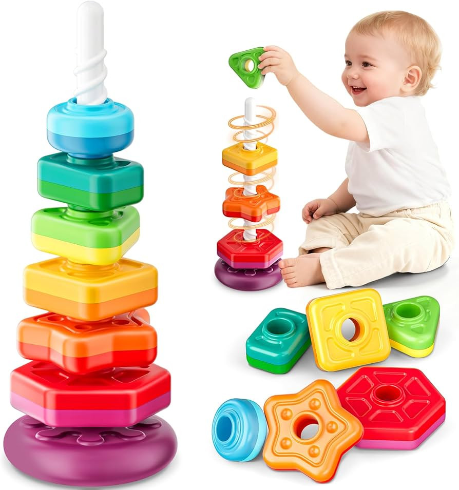 Baby Spinning Stacking Toys for Toddlers 1-3, Sensory Montessori Toy for 1 Year Old Girl Boy, Rai... | Amazon (US)