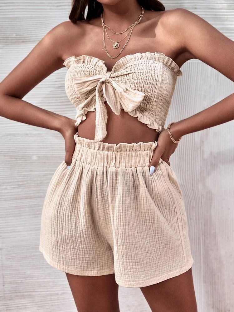 Tube Top mit Rüschen, Band vorne & Shorts mit Papiertasche-Taille | SHEIN