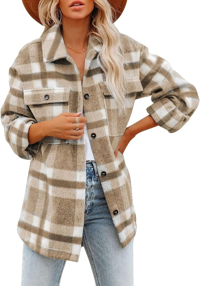 Dokotoo Womens Casual Plaid Button Down Long Sleeve Shirts Flannel Shacket Jacket Coats | Amazon (US)