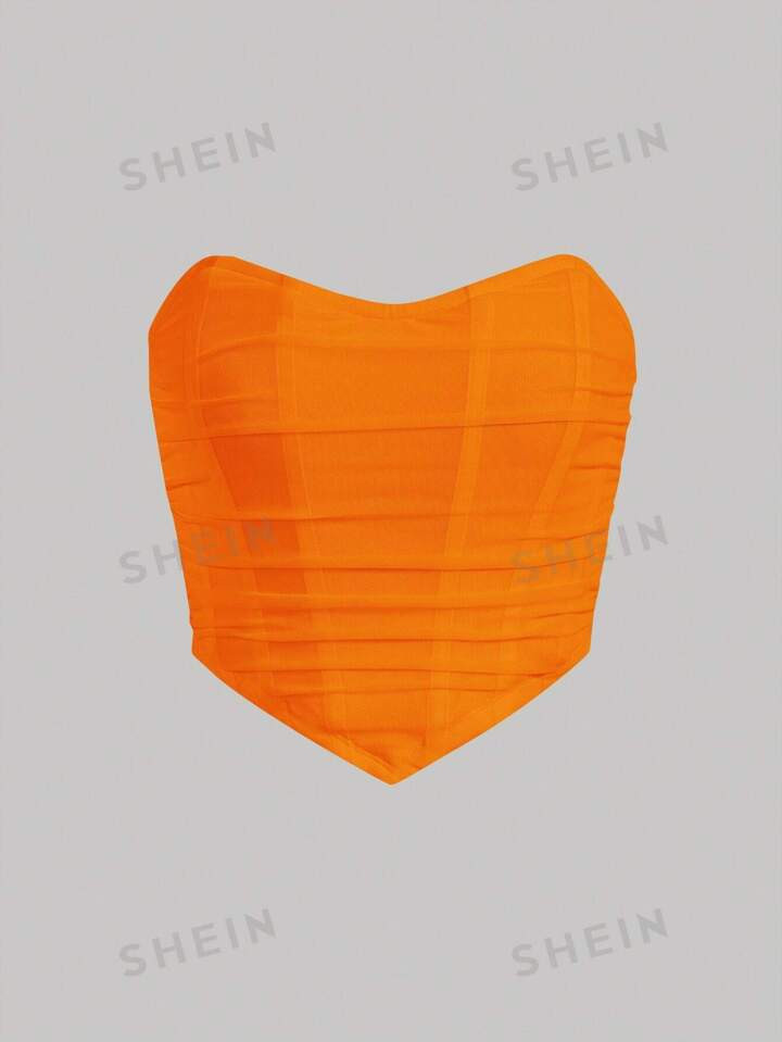 SHEIN MOD Solid Ruched Bandana Hem Fish Bone Decoration Summer Mesh Tube Top | SHEIN