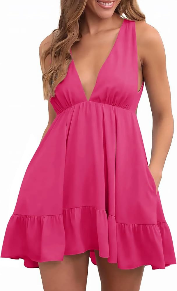 Febriajuce Womens Summer Mini Dress Loose Ruffle Deep V-Neck Backless Strap Solid Casual Short Dr... | Amazon (US)
