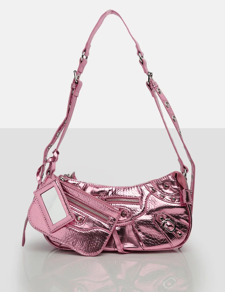 The Trackstar Metallic Pink Pu Studded Mirror Zip Detail Handbag | Public Desire (US & CA)
