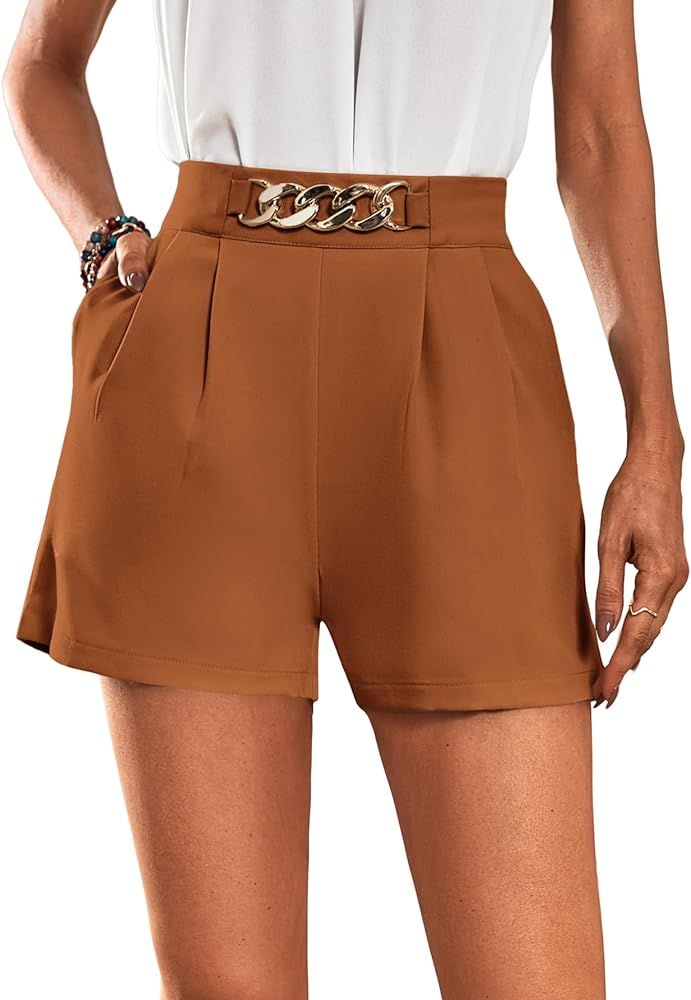 SOLY HUX Women's Elegant High Waist Pleated Straight Leg Summer Shorts with Pockets | Amazon (US)