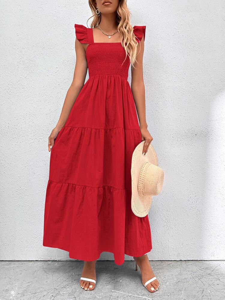 Shirred Bodice Ruffle Hem Dress | SHEIN