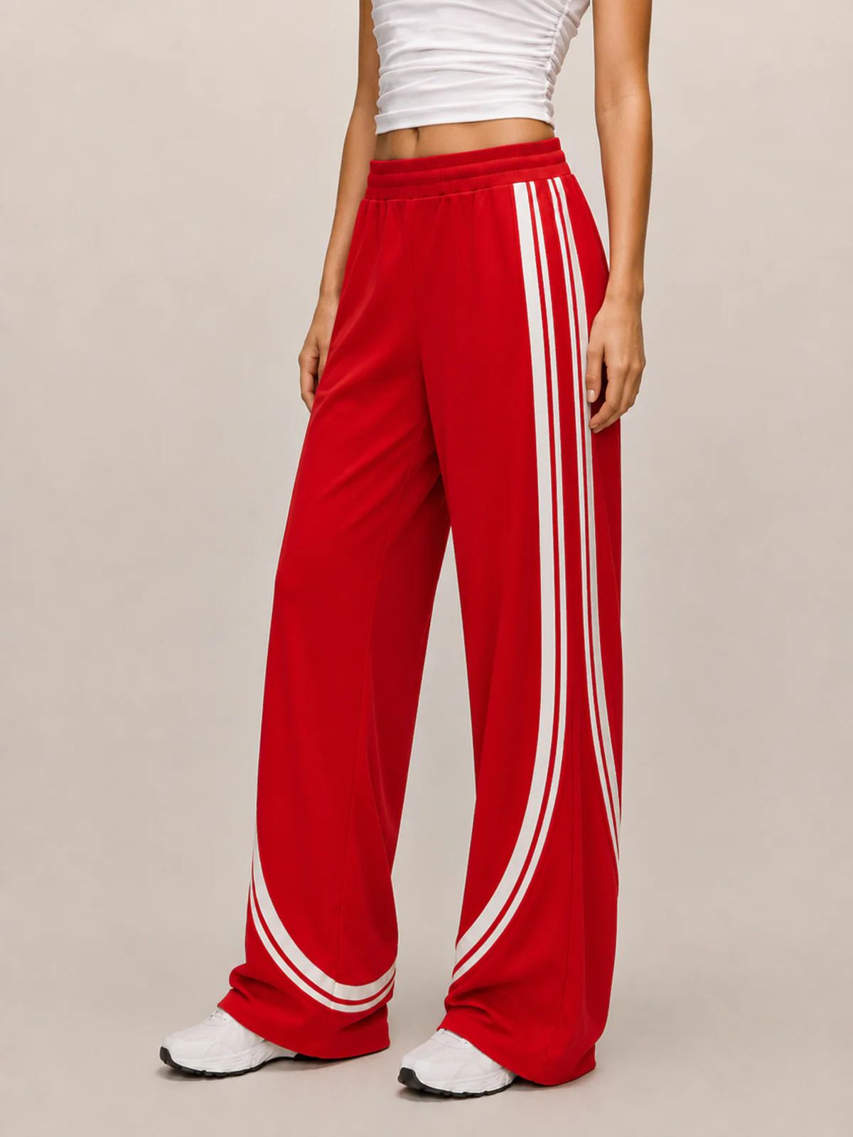 Curved Stripe Elastic Waist Wide Leg Pants | Commense