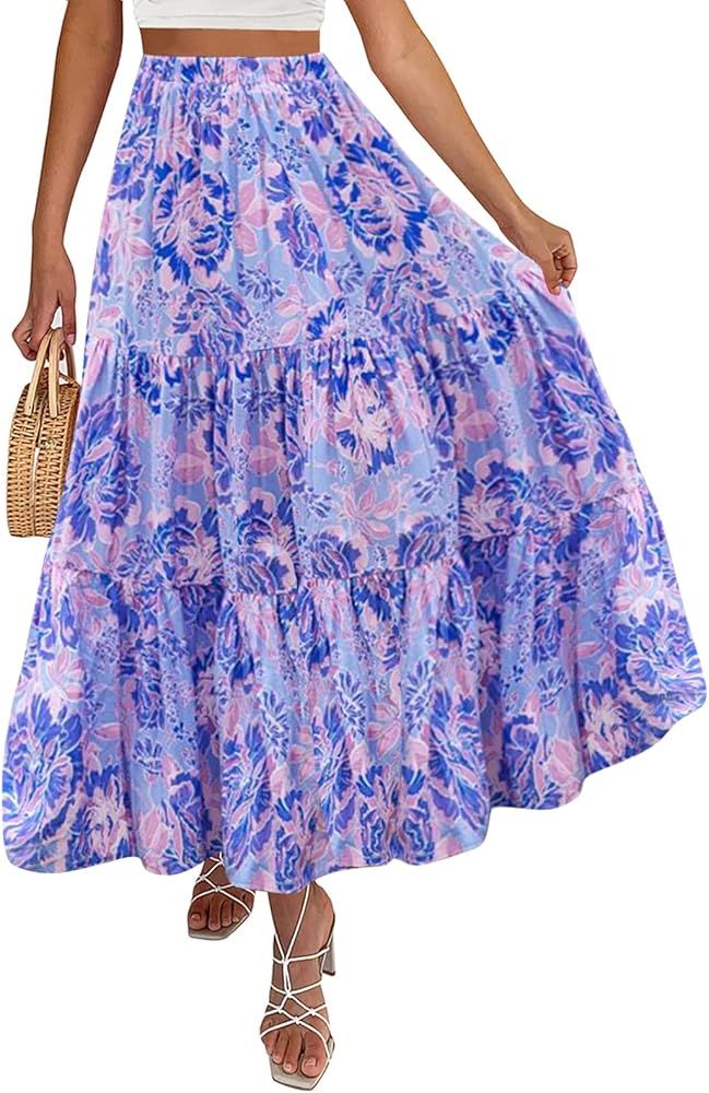 ZESICA Women's Summer Plaid Elastic High Waist Flowy A Line Maxi Skirt with Pockets | Amazon (US)