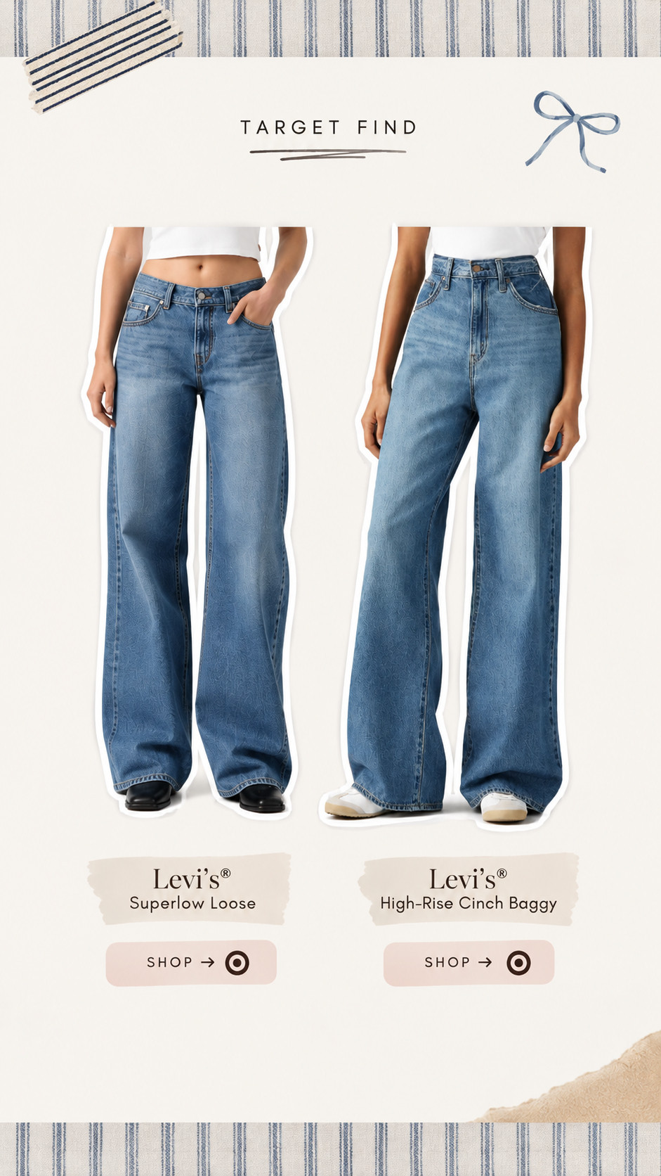 Two Levi’s jeans I spotted at Target that are SO good 👖🤎 The Superlow Loose has that relaxed, effortless fit, while the High-Rise Cinch Baggy gives you the higher waist with a roomier leg. Linking both styles so you can pick your fit! #targetstyle #levisjeans #widelegjeans #fallfashion #millennialstyle 

 #LTKgrwm #LTKmomlife #LTKSeasonal