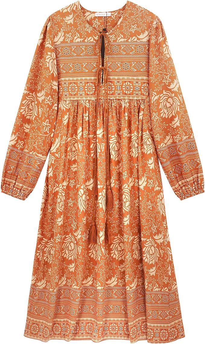 R.Vivimos Women's Long Sleeve Floral Print Retro V Neck Tassel Bohemian Midi Dresses (Medium, Ora... | Amazon (US)