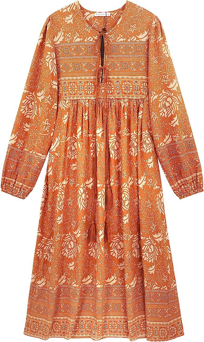 R.Vivimos Women's Long Sleeve Floral Print Retro V Neck Tassel Bohemian Midi Dresses | Amazon (US)