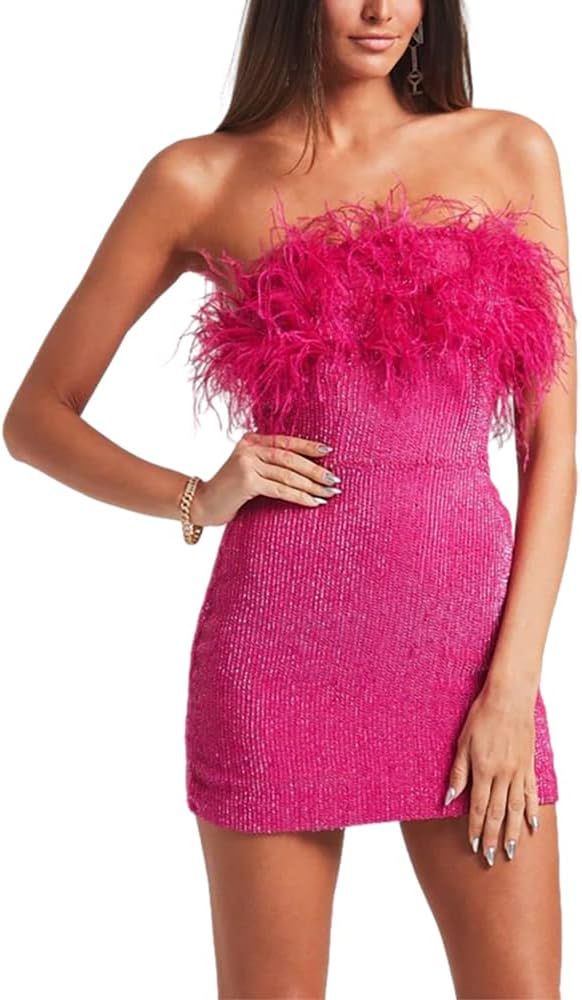 4UFIT Women's Sparkly Sequin Dress Strapless Feather Tube Dress Sexy Bodycon Mini Dress Prom Dres... | Amazon (US)