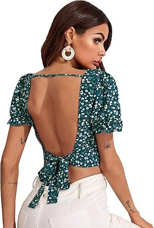 Floerns Women's Floral Print Square Neck Backless Tie Back Crop Top Blouse | Amazon (US)
