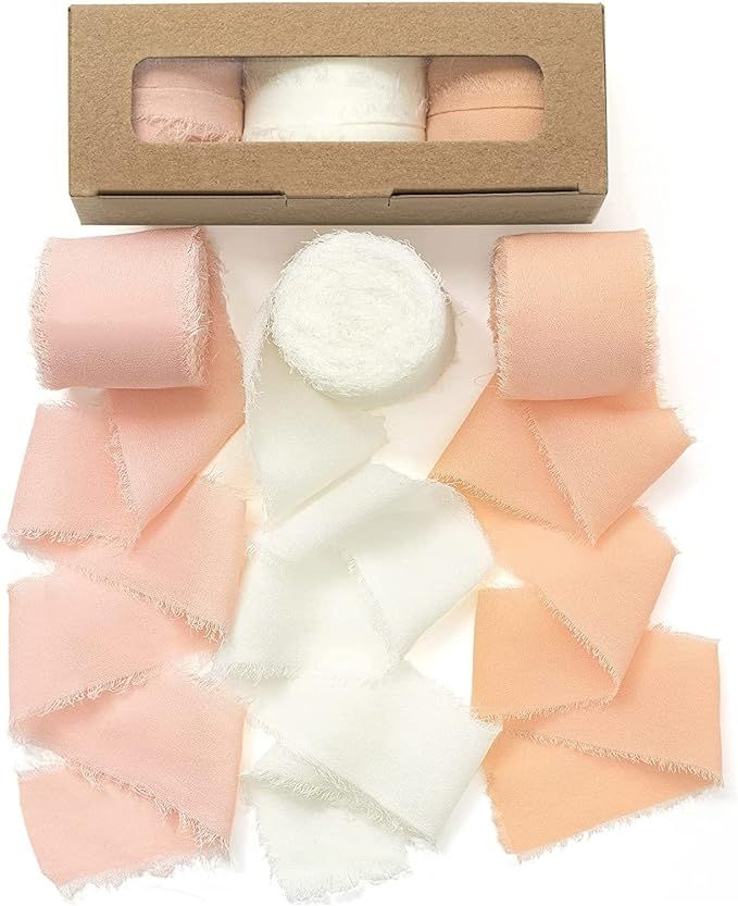 UBBCARE 3 Rolls Cream & Pink Chiffon Ribbon 1.5in x 7Yd, Handmade Fringe Silk Ribbons Set for Wed... | Amazon (US)