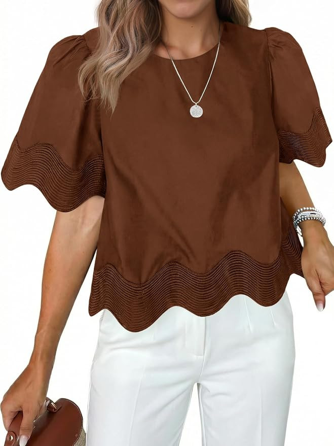 Tankaneo Womens Short Sleeve Crop Tops Summer Casual Scalloped Flowy Blouse Crewneck Ruffle Loose... | Amazon (US)