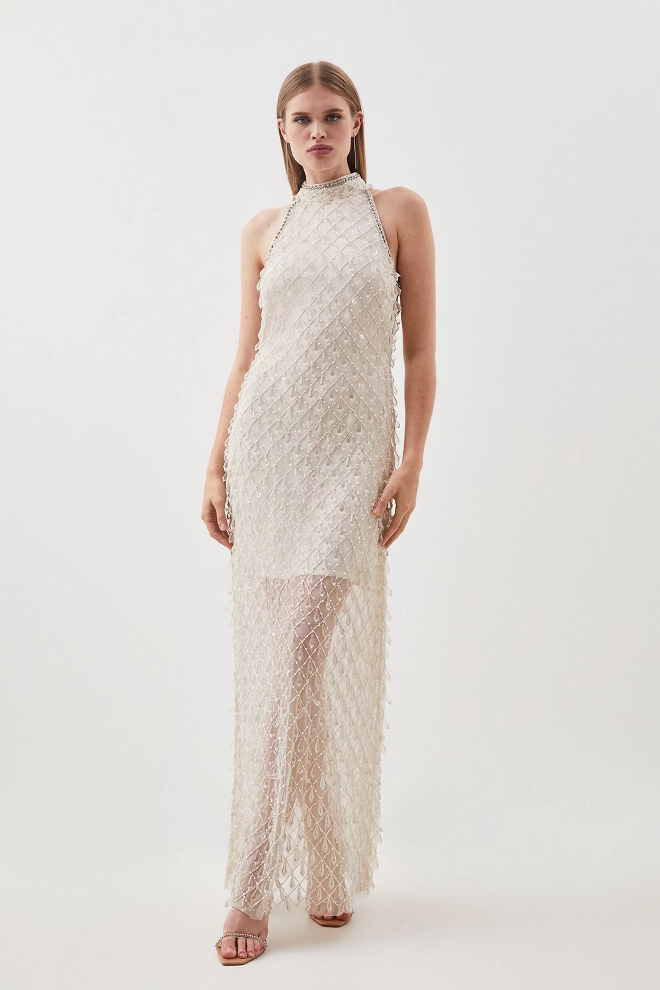 Halter Embellished Woven Maxi Dress | Karen Millen UK + IE + DE + NL