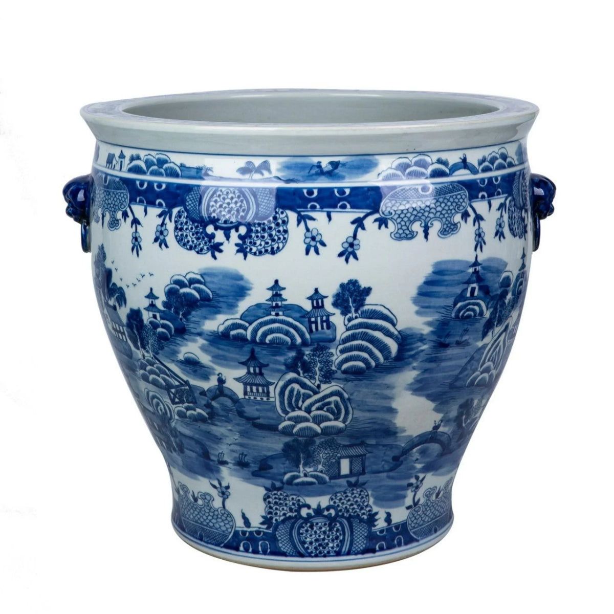 Blue and White Mountain Pagoda Porcelain Planter with Lion Handle | The Well Appointed House, LLC