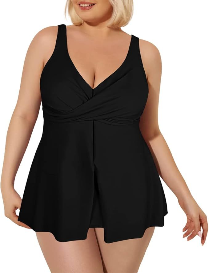 Sovoyontee Women Plus Size Tankini Swimsuit Two Piece Flowy Swim Dress Twist Front Bathing Suits ... | Amazon (US)