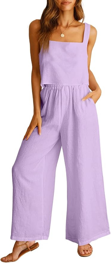 ANRABESS Women's 2 Piece Outfits Linen Pants Jumpsuit Matching Lounge Set Casual Summer Beach Vac... | Amazon (US)