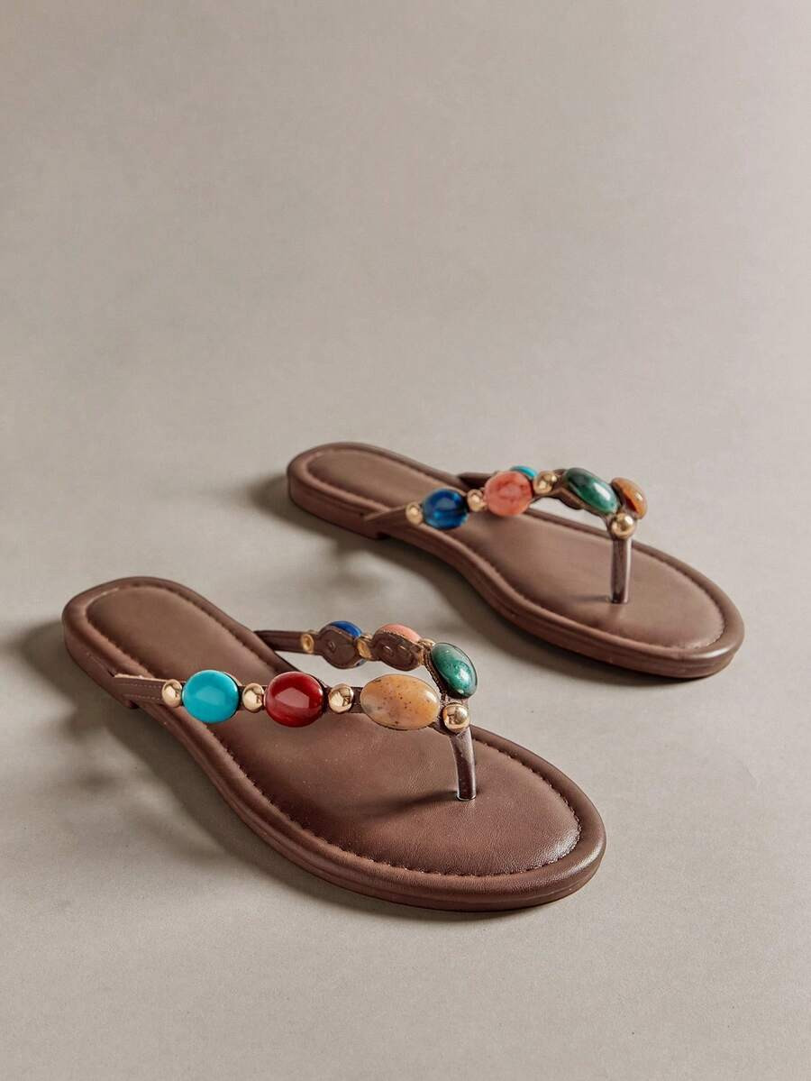 Hauture Women's Fashion Casual Comfy Thone Flat Sandals With Color Stone Decor -Punk Chic, Edgy &... | SHEIN