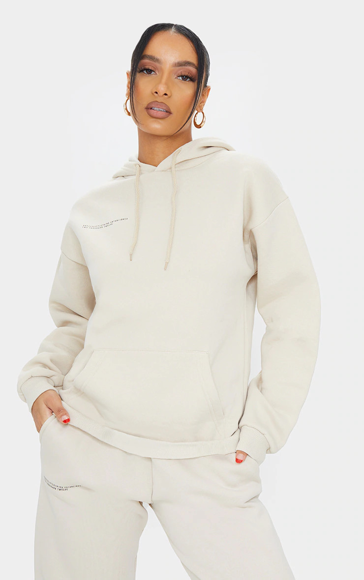 PRETTYLITTLETHING Logo Sand Est 2012 Oversized Hoodie | PrettyLittleThing US