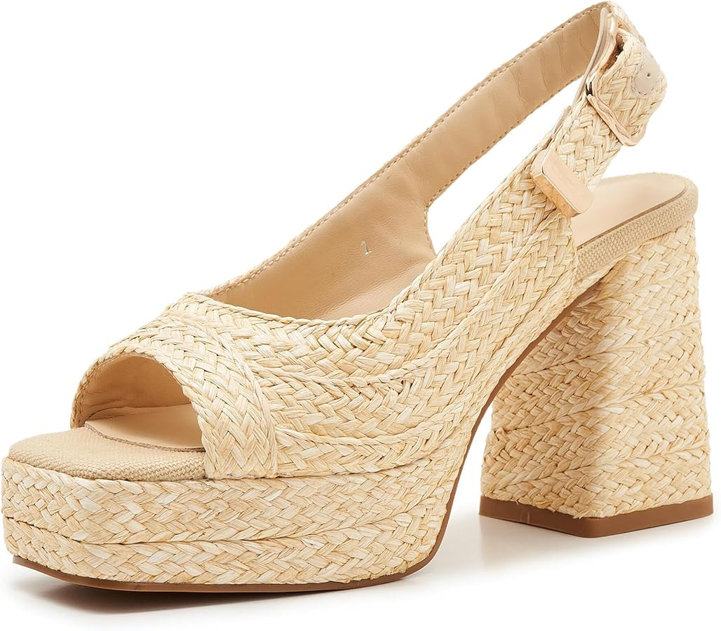 Raffia Platform Heeled Sandals for Women with Adjustable Slingback Strap, Open Toe Chunky Block H... | Amazon (US)