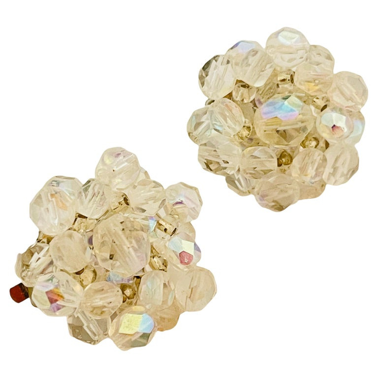 Vtg silver tone ab crystal cluster clip on earrings | 1stDibs