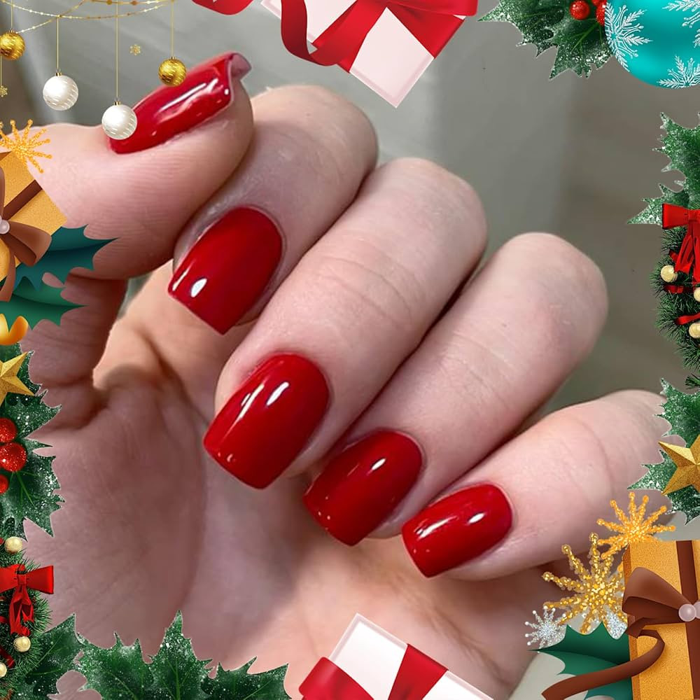 Modelones Red Press on Nails for Women, Christmas Short Square Fake Nails, Reusable Nail Kit with... | Amazon (US)