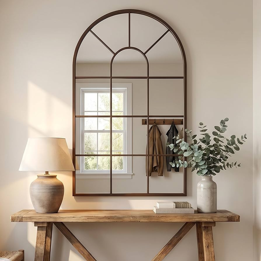 Brown Framed 48x28Inch Arched Window Pane Mirror| Arched Mirrors for Wall & Floor | Arch Mirror F... | Amazon (US)