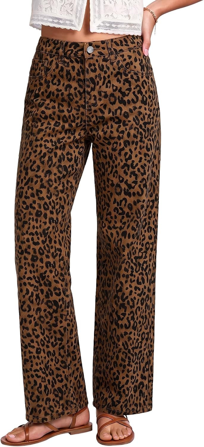 luvamia Wide Leg Jeans for Women High Waisted Leopard Cheetah Denim Pants | Amazon (US)