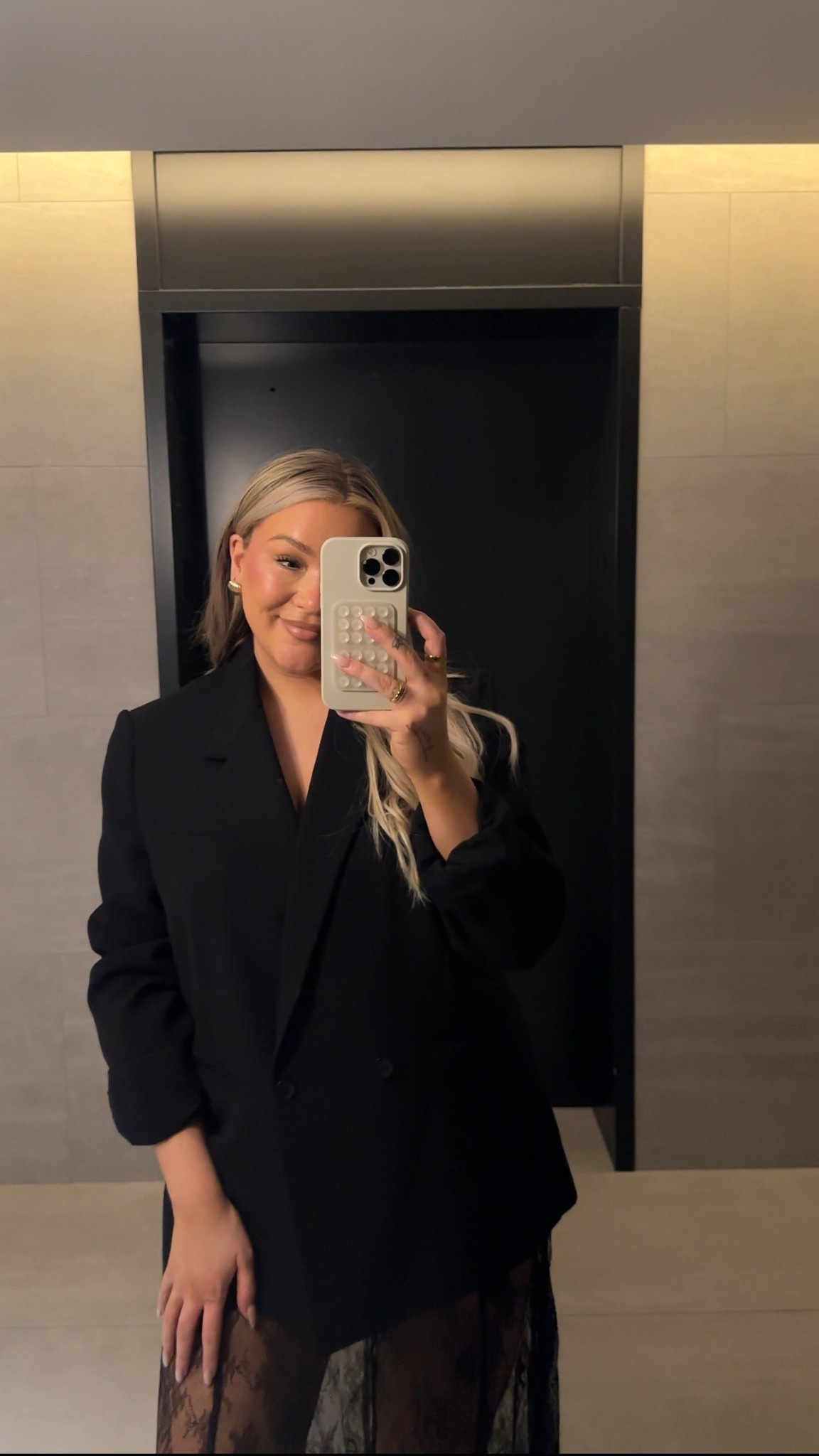 Black oversized blazer sheer  lace skirt 

#LTKstyletip #LTKpartywear #LTKmidsize