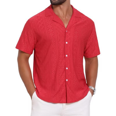 INSPIRE CHIC Men's Camp Collar Button Down Short Sleeve Hollow Texture Knit Shirts Medium Red | Target