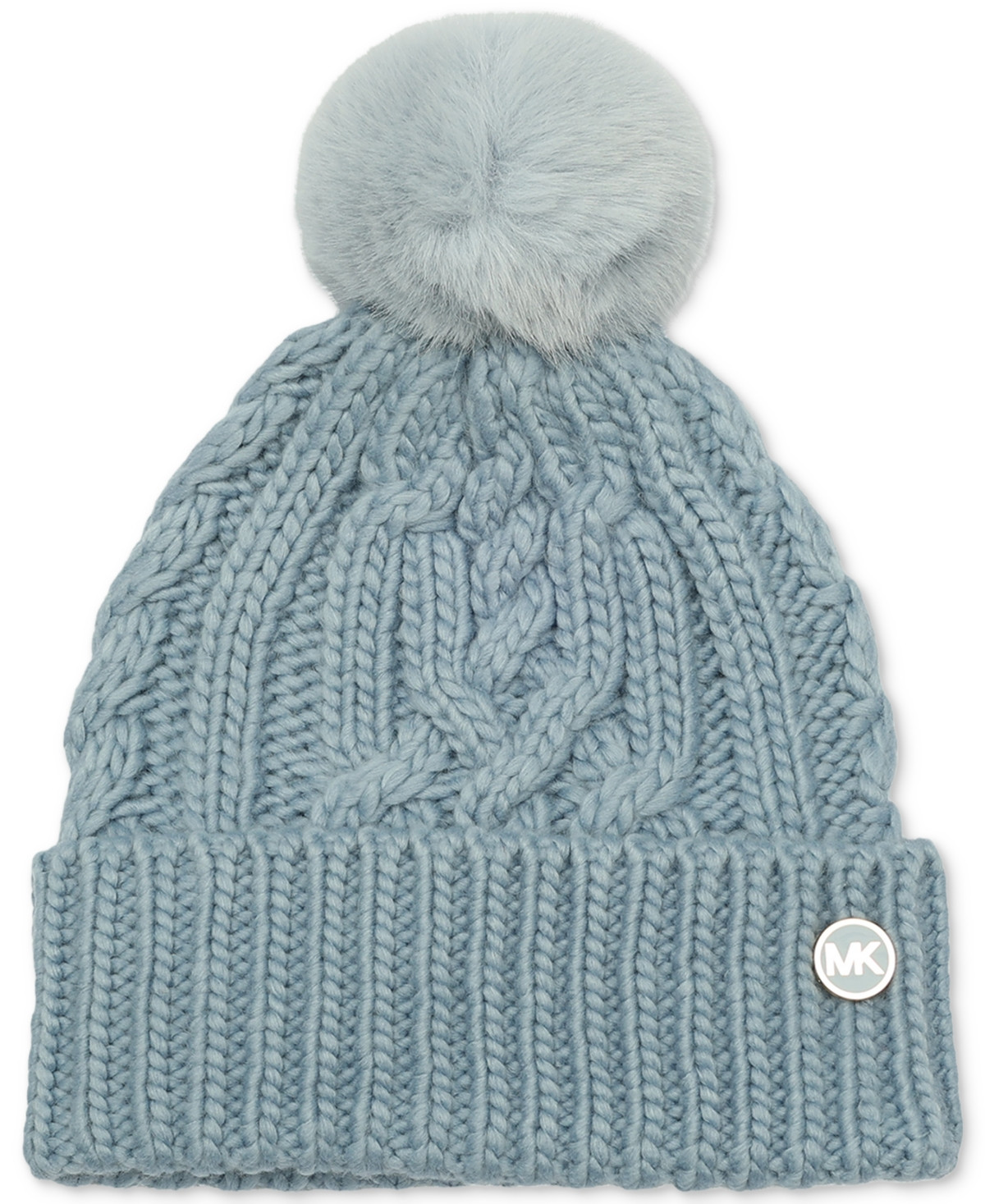 Michael Michael Kors Soft Knit Tangled Aran Cuff Pom Beanie - Chambray | Macy's