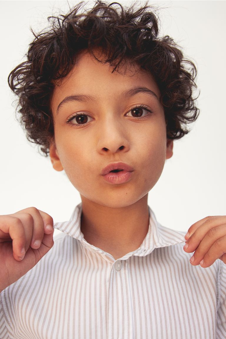 Long-sleeved Cotton Shirt - Long sleeve - Regular length - White/beige striped - Kids | H&M US | H&M (US + CA)