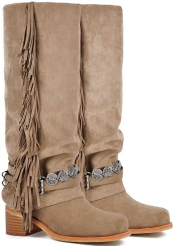 Amazon.com | KISTANIA Women's Knee High Riding Boots with Fringes Fold-Over Suede Brown Motorcycl... | Amazon (US)