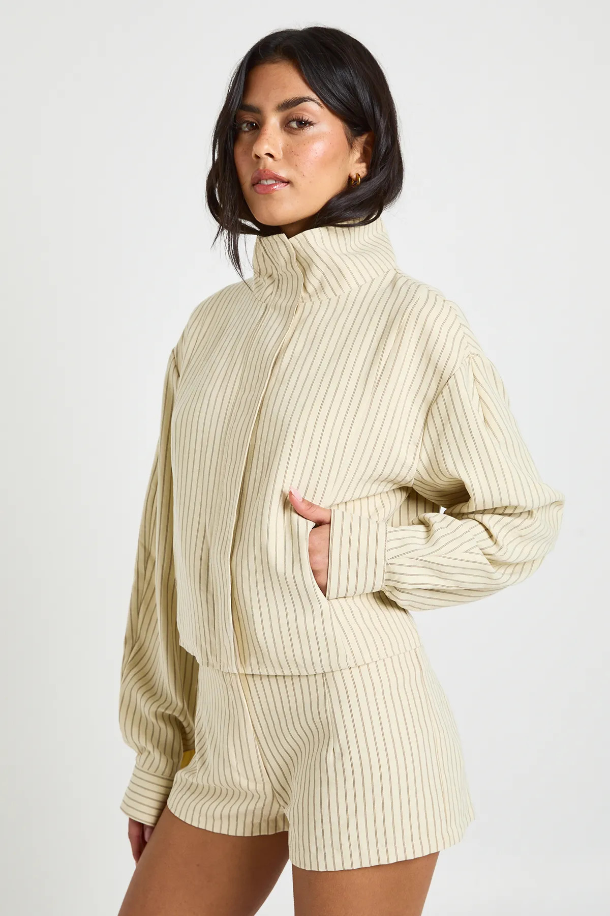 Ecru Funnel Neck Balloon Sleeve Zip Through Stripe Top | Boohoo | Boohoo.com (UK & IE)