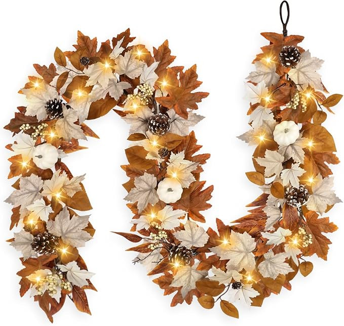 6 FT Fall Garland with Lights Automatic ON/Off Fall Leaves Mantle Garland with Pumpkins Berries P... | Amazon (US)