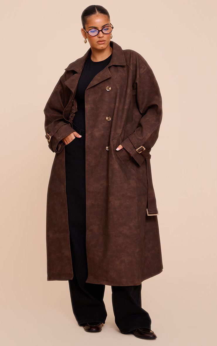 Plus Chocolate Textured Faux Leather Trench Coat | PrettyLittleThing US