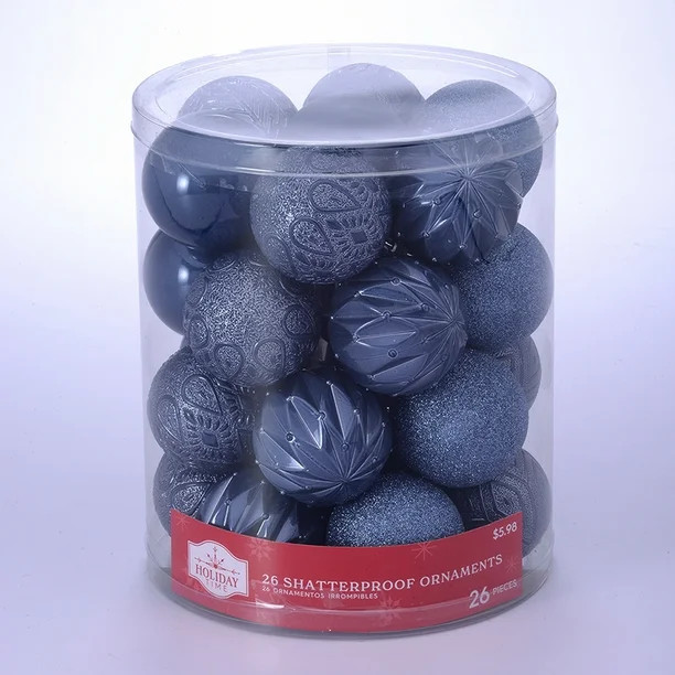 Holiday Time 60 mm Multitextured Christmas Shatterproof Ornaments, Dark Slate Blue, 26 Count - Wa... | Walmart (US)