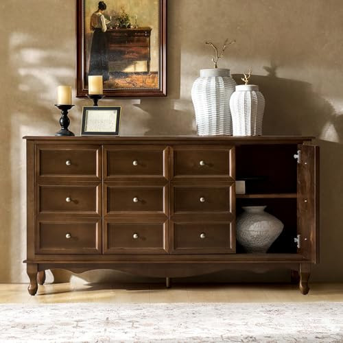 HULALA HOME Transitional Solid Wood Sideboard with Adjustable Shelves, 58" Spacious Storage Sideboard, Versatile Kitchen Buffet Cabinet with Solid Wood Legs, Brown | Amazon (US)