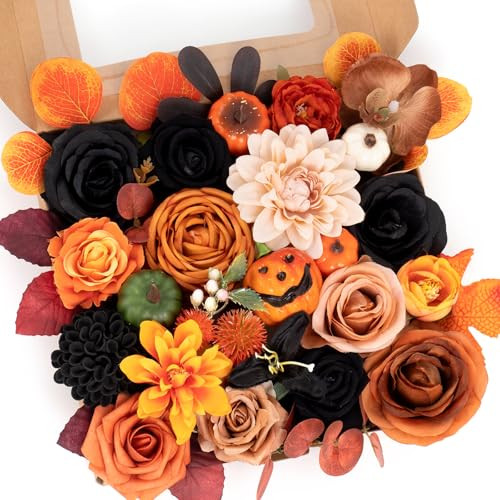 WEIERYUE Halloween Decor Artificial Flowers Black Roses with Pumpkins, Box Set Fake Flowers for, Indoor and Outdoor Front Party Party Decorations (Halloween Pumpkins are Orange and Black) | Amazon (US)