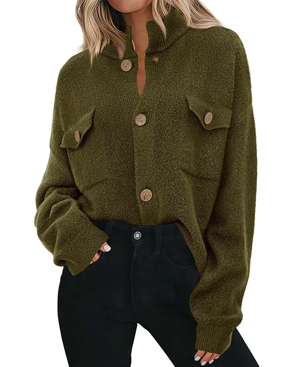 KIRUNDO Cardigans for Women Trendy Button Up Sweater Jackets Mock Neck Long Sleeve Loose Fit Chun... | Amazon (US)