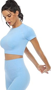 2 Piece Short Sleeve Outfits for Women Seamless Crop Tops Set for Women Workout Set | Amazon (US)
