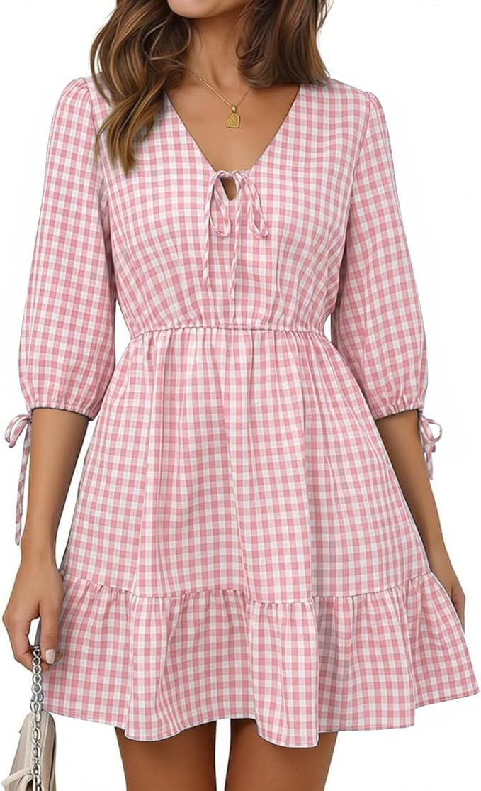 ECOWISH Women's Summer Mini Dress 2026 Tie Front V Neck 3/4 Sleeve A-Line Tiered Flowy Gingham Sh... | Amazon (US)